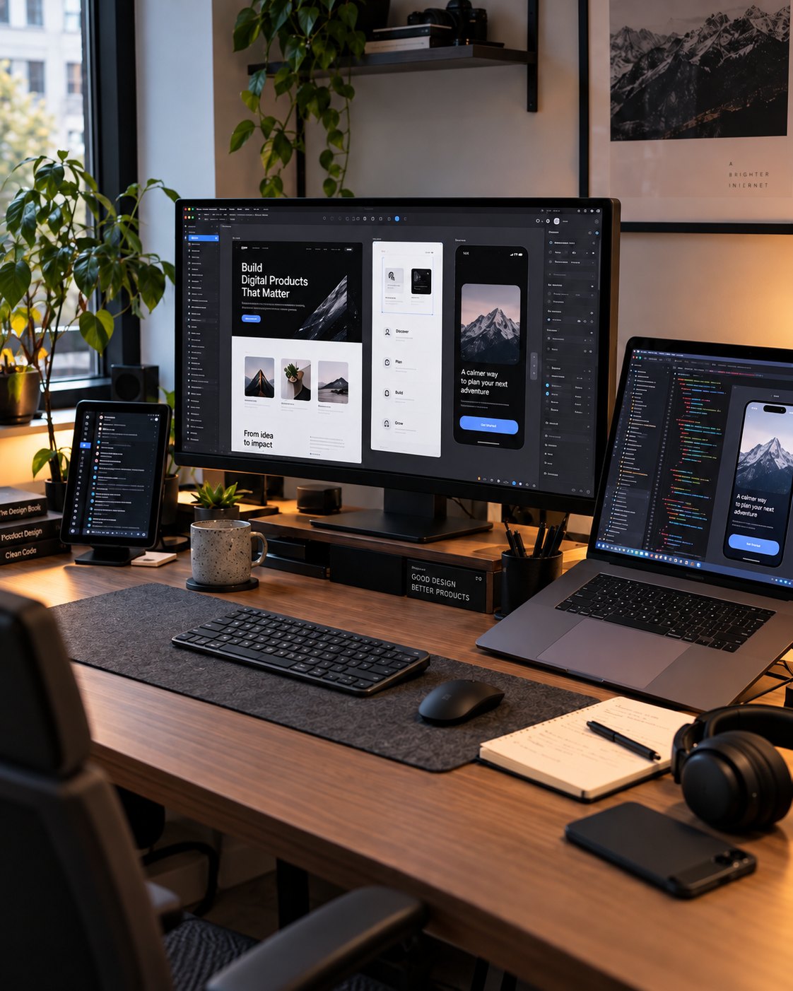 Illustrative image: workspace with design and code screens