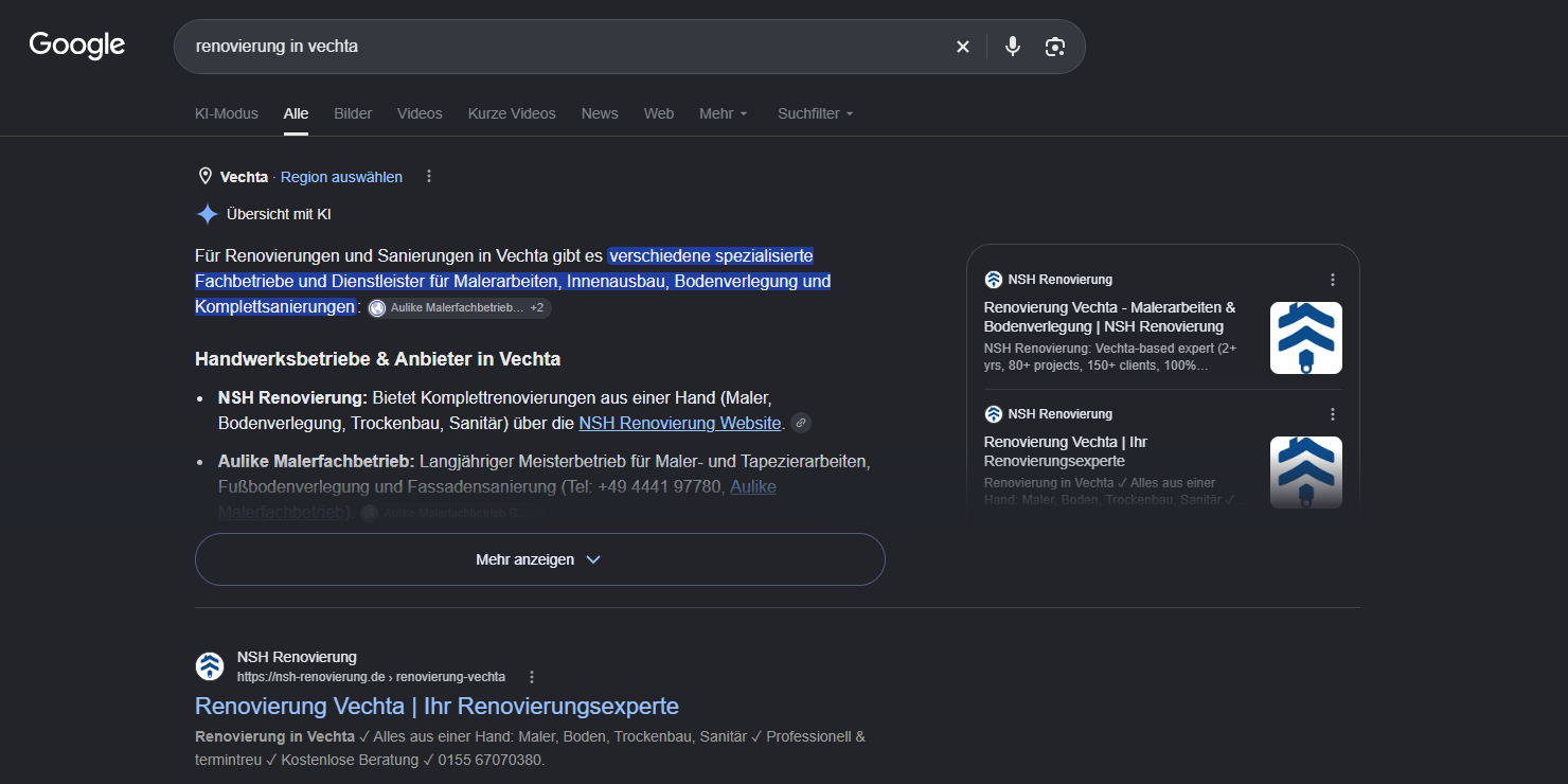 Screenshot of a Google search for ‘renovierung in vechta’, showing NSH Renovierung in the AI Overview and as a search result at the time of capture.